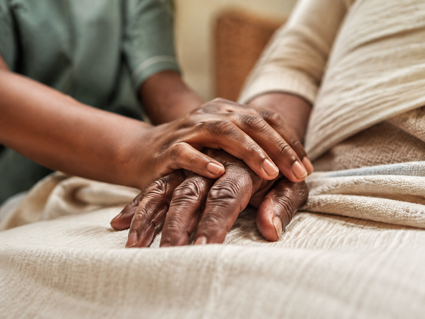 A caregiver gently supporting an older patient's hand